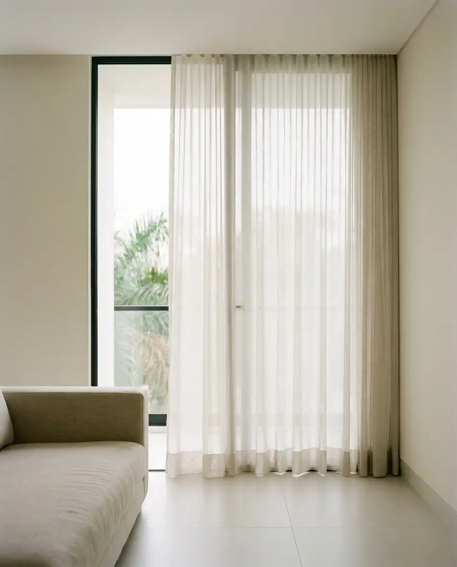 Sala con un ventanal de piso a techo vestido con una cortina de velo que filtra la luz de la mañana