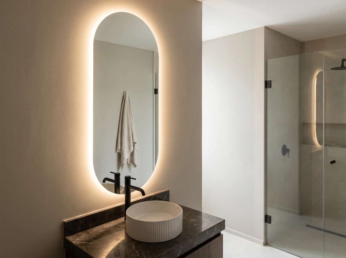 Espejo retroiluminado en forma de cápsula sobre un mueble de baño con cubierta de mármol oscuro y lavabo de apoyo