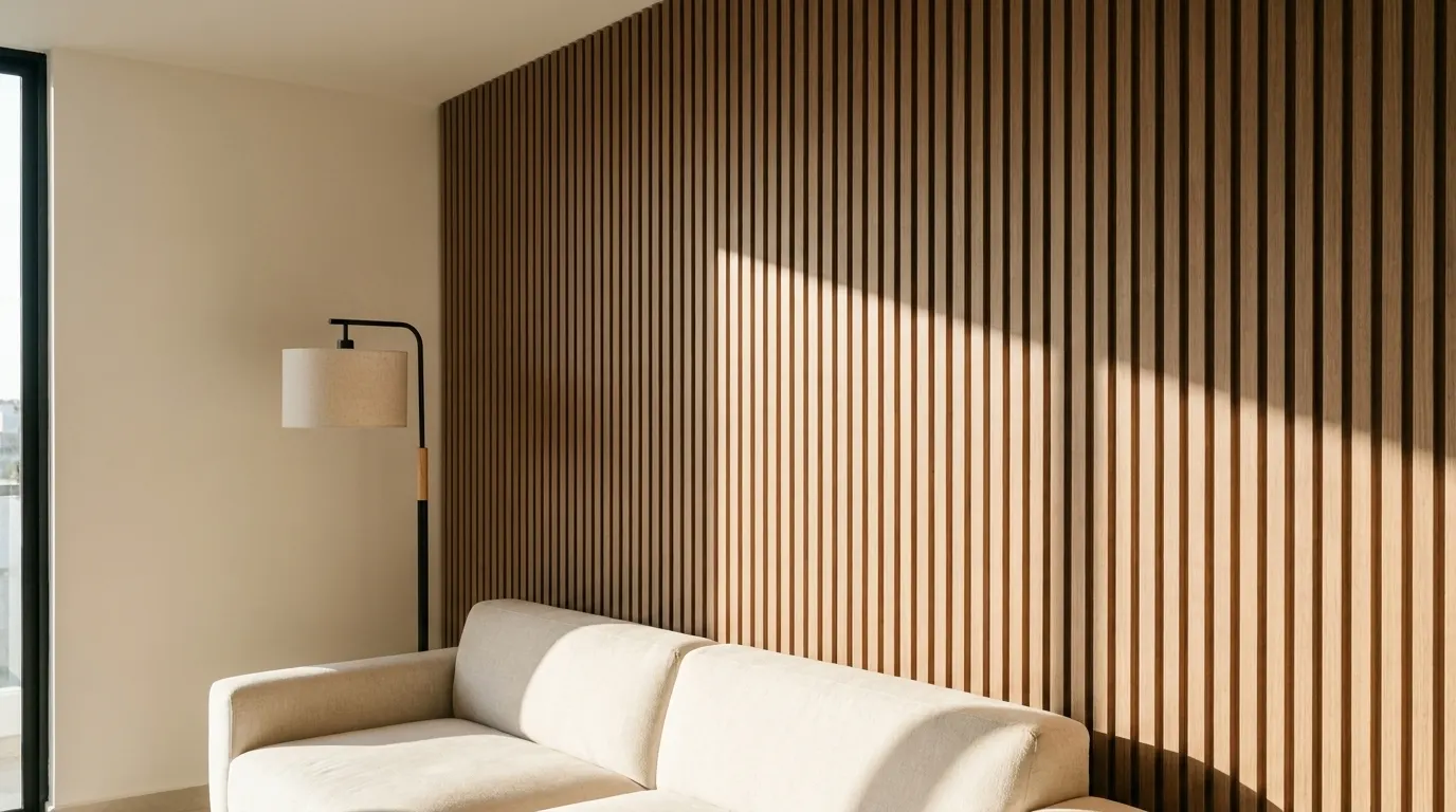 Pared de listones verticales de madera con la luz rasante marcando la sombra de cada listón