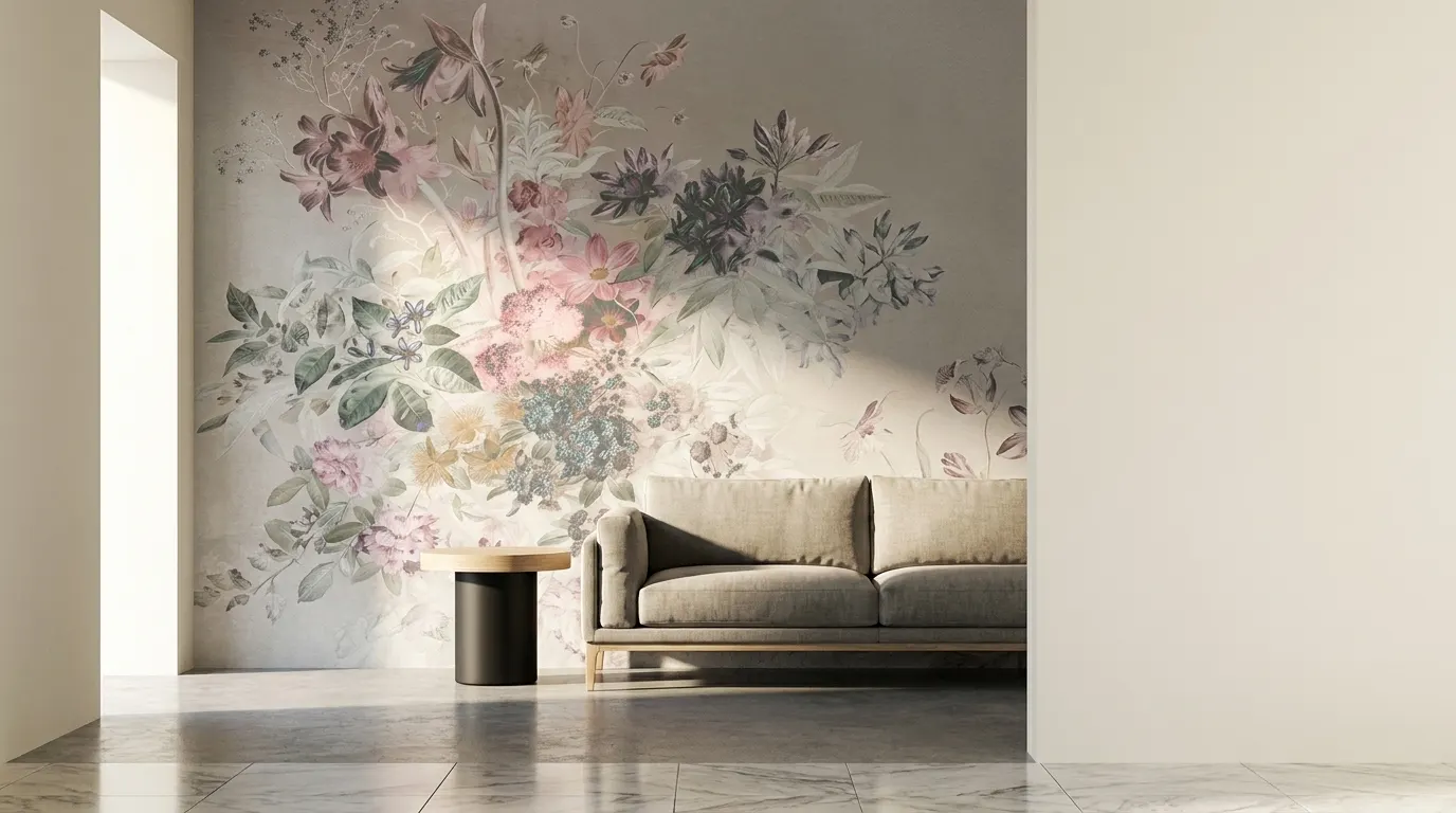 Mural botánico cubriendo la pared de una sala, con un sofá bajo de lino delante