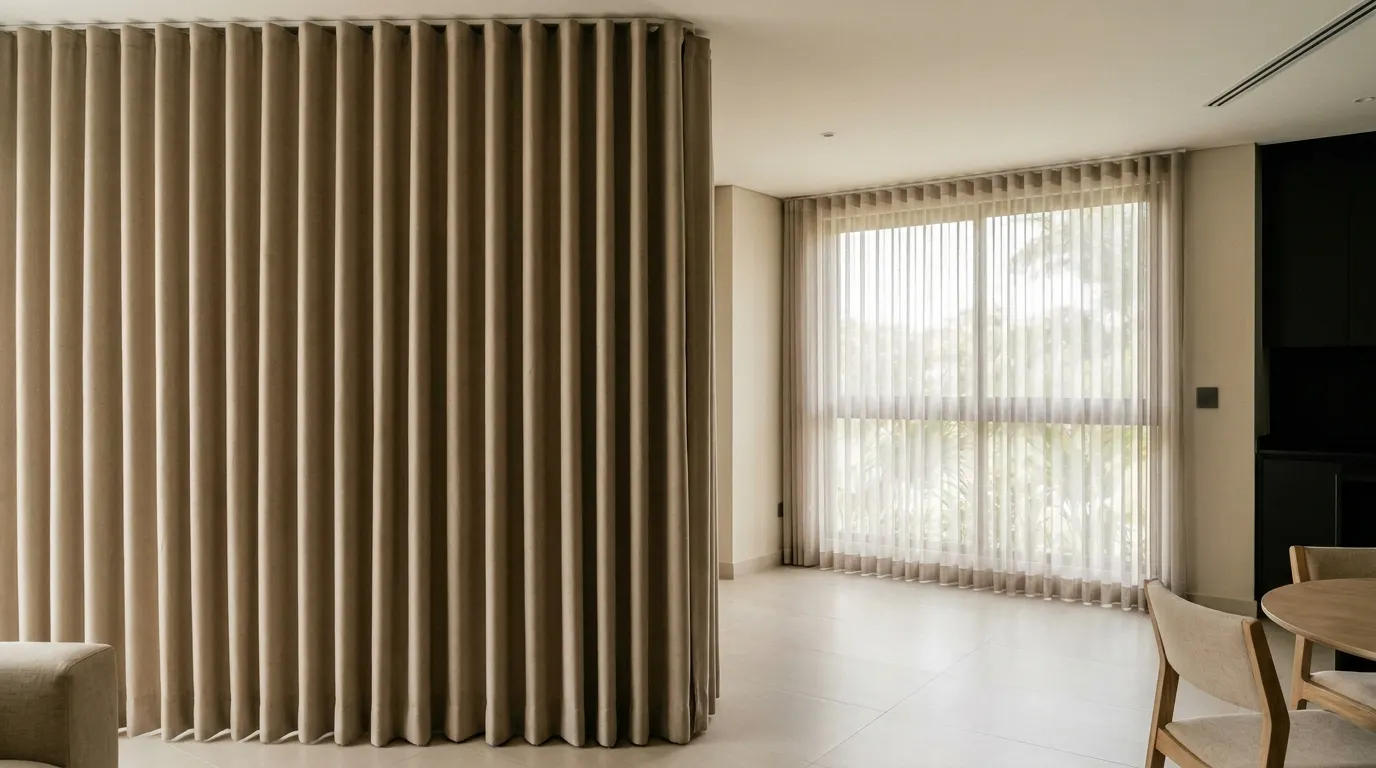 Sala con cortina de onda perfecta en primer plano y un velo de lamas verticales al fondo