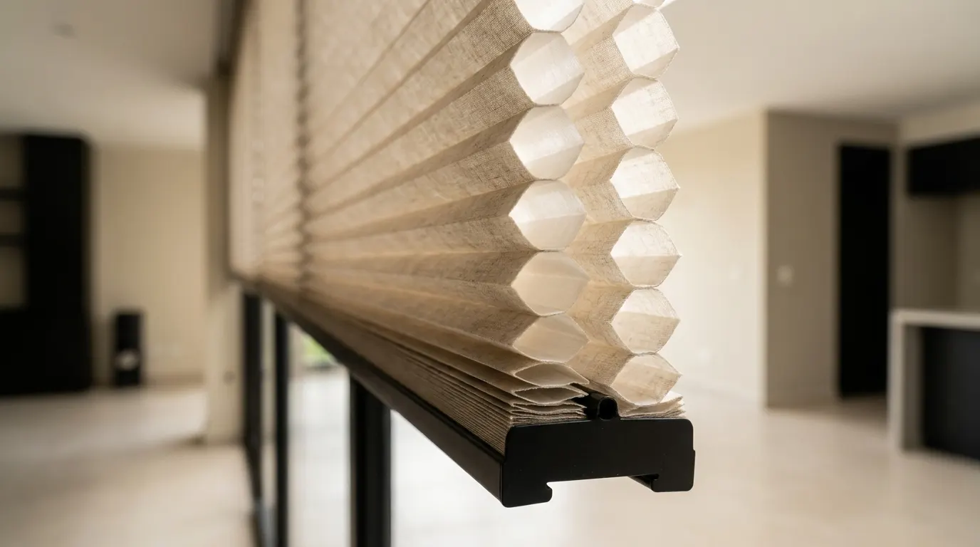 Cortina celular de cerca: celdas hexagonales huecas apiladas como un panal