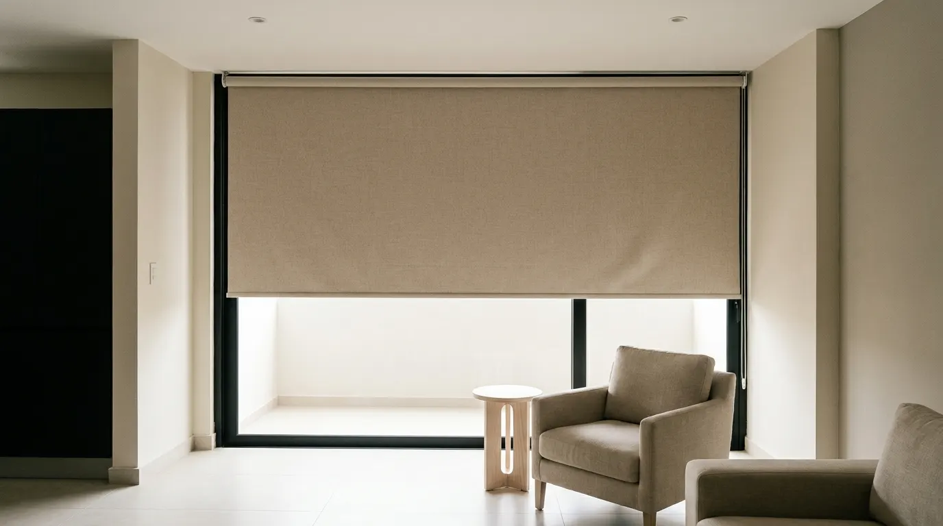 Cortina roller: un paño liso enrollado en un tubo superior, bajado a media ventana